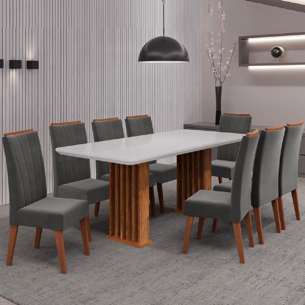 Conjunto De Mesa Sala De Jantar Ripada Tampo Com Vidro Mond 2m 8 Cadeiras Sofia Veludo Viero Madeirado / Cinza - 2
