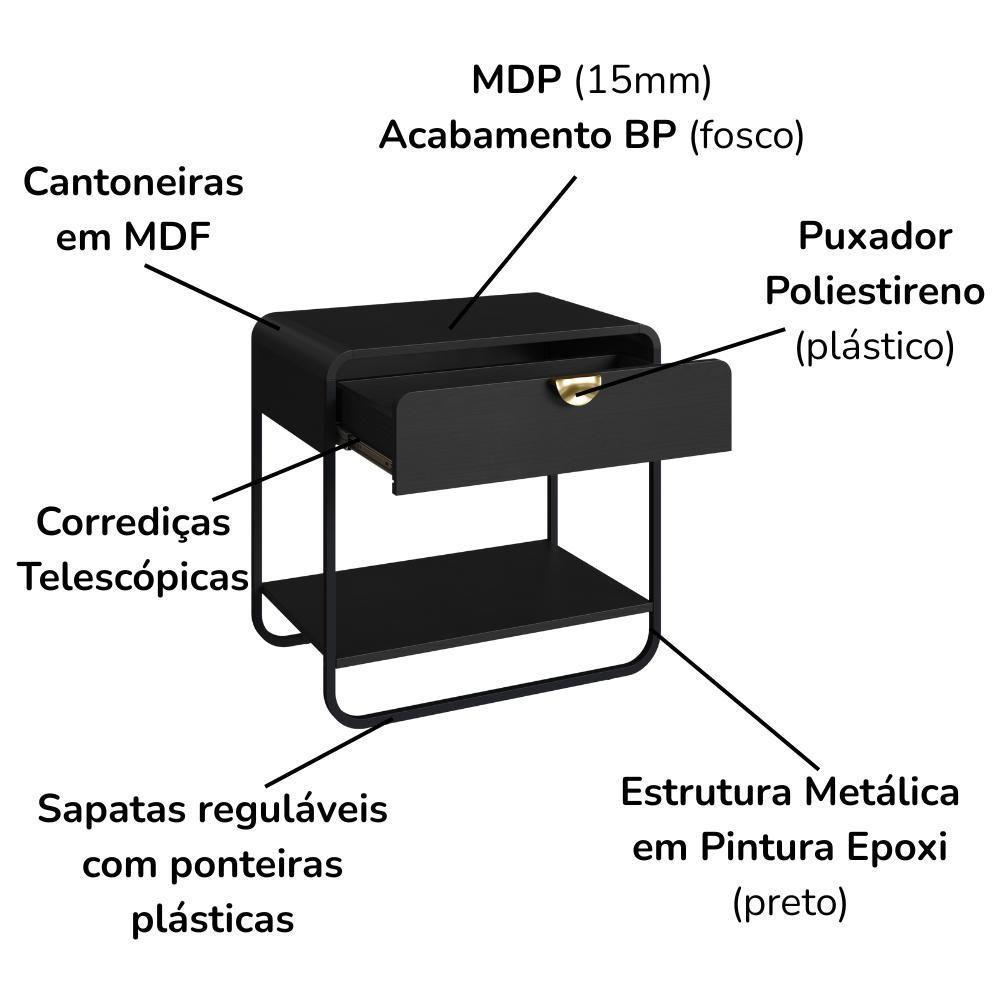 Mesa De Cabeceira 1 Gaveta Organica 60 Cm 28061 Artesano Nero Preto - 5