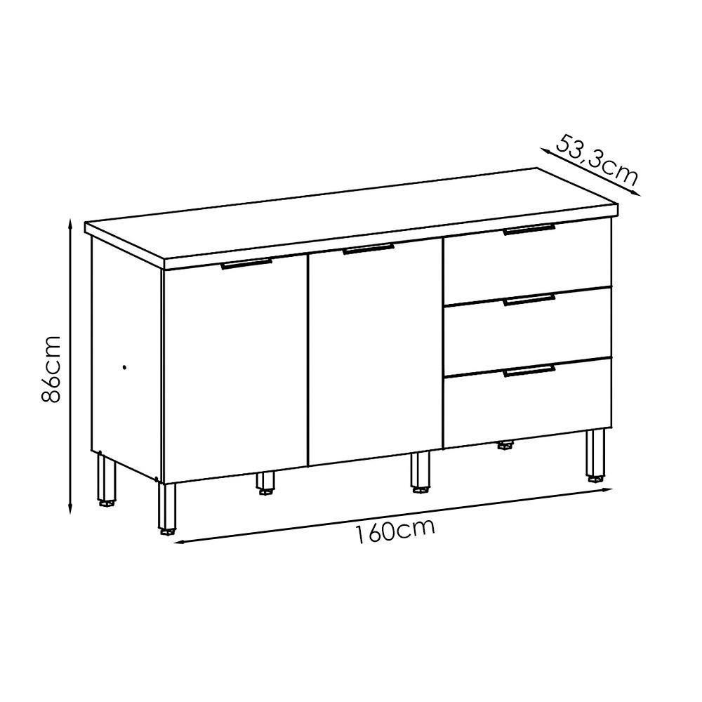 Balcao Com Tampo 2 Portas 3 Gavetas 160 Cm Glam Ktp Freijo - 3