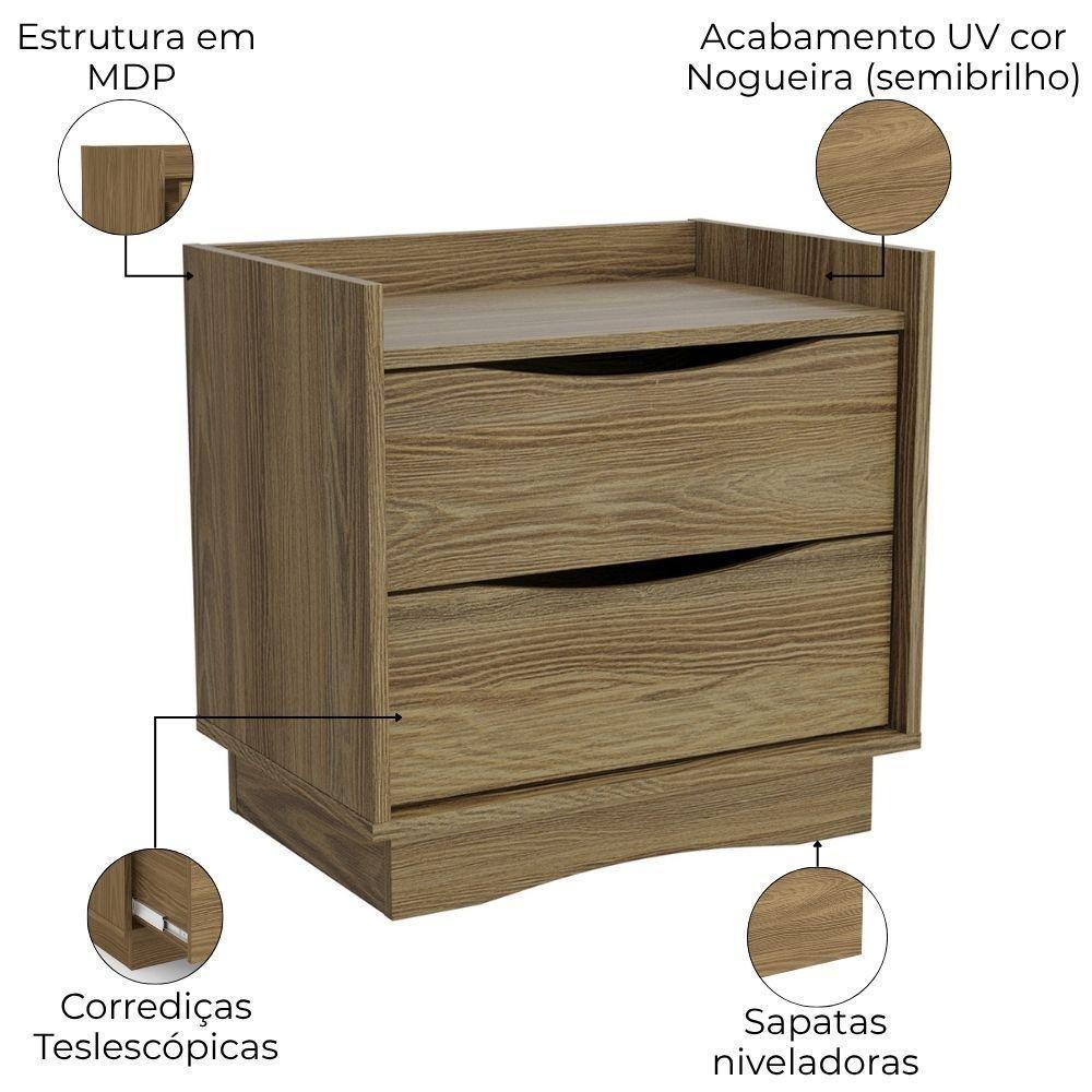 Kit 02 Mesas De Cabeceira 2 Gavetas 54 Cm M261 Kappesberg Nogueira - 4