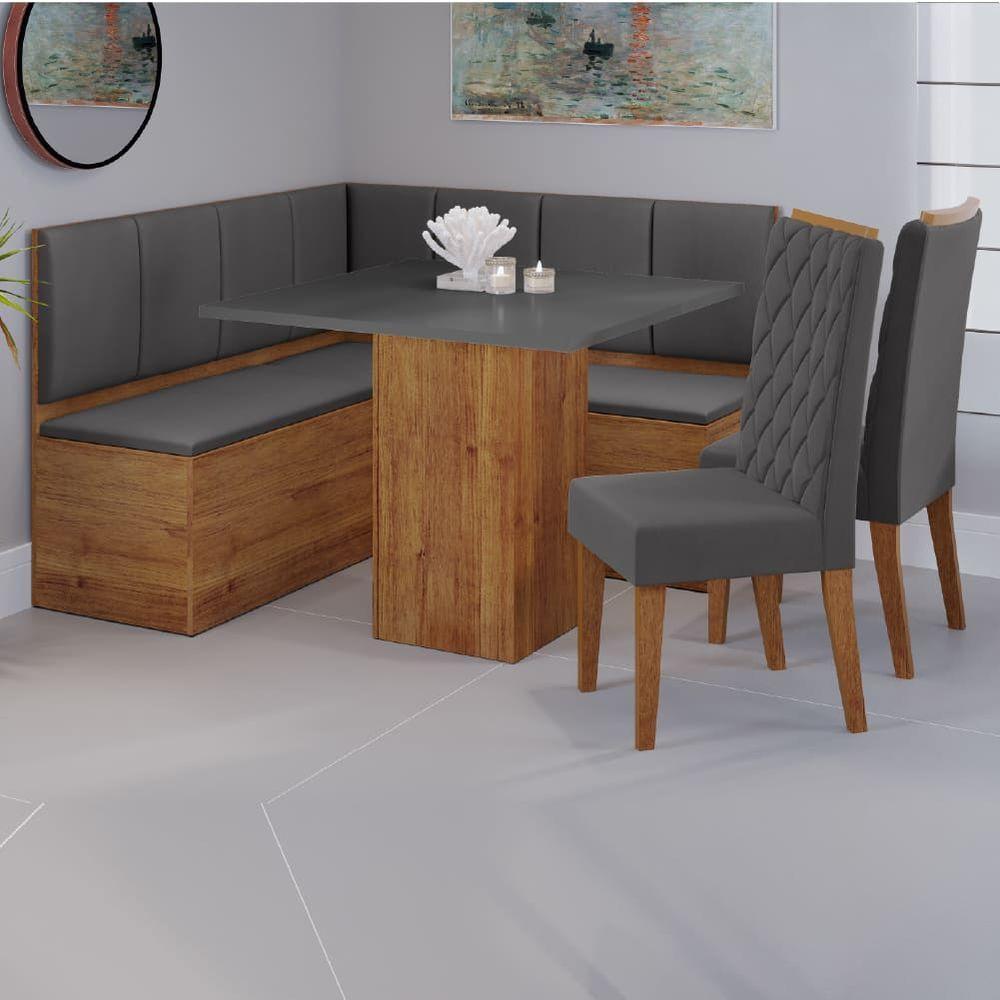Conjunto Sala De Jantar Canto Alemão Com Baú Liebe Com Mesa Lord E 2 Cadeiras Bele Veludo Viero Madeirado / Cinza - 4