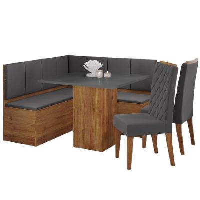 Conjunto Sala De Jantar Canto Alemão Com Baú Liebe Com Mesa Lord E 2 Cadeiras Bele Veludo Viero Madeirado / Cinza