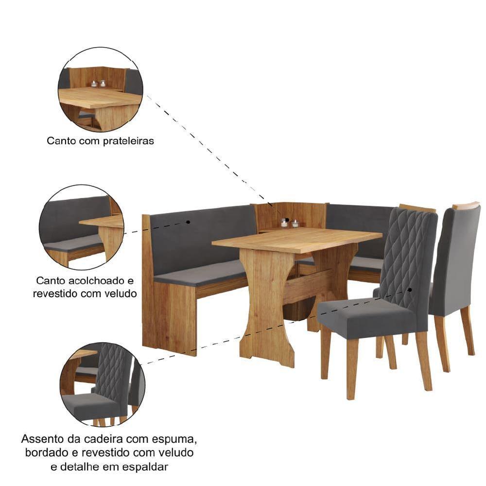 Conjunto Sala De Jantar Canto Alemão Arnis Com 2 Cadeiras Bele Veludo Viero Madeirado / Cinza - 5