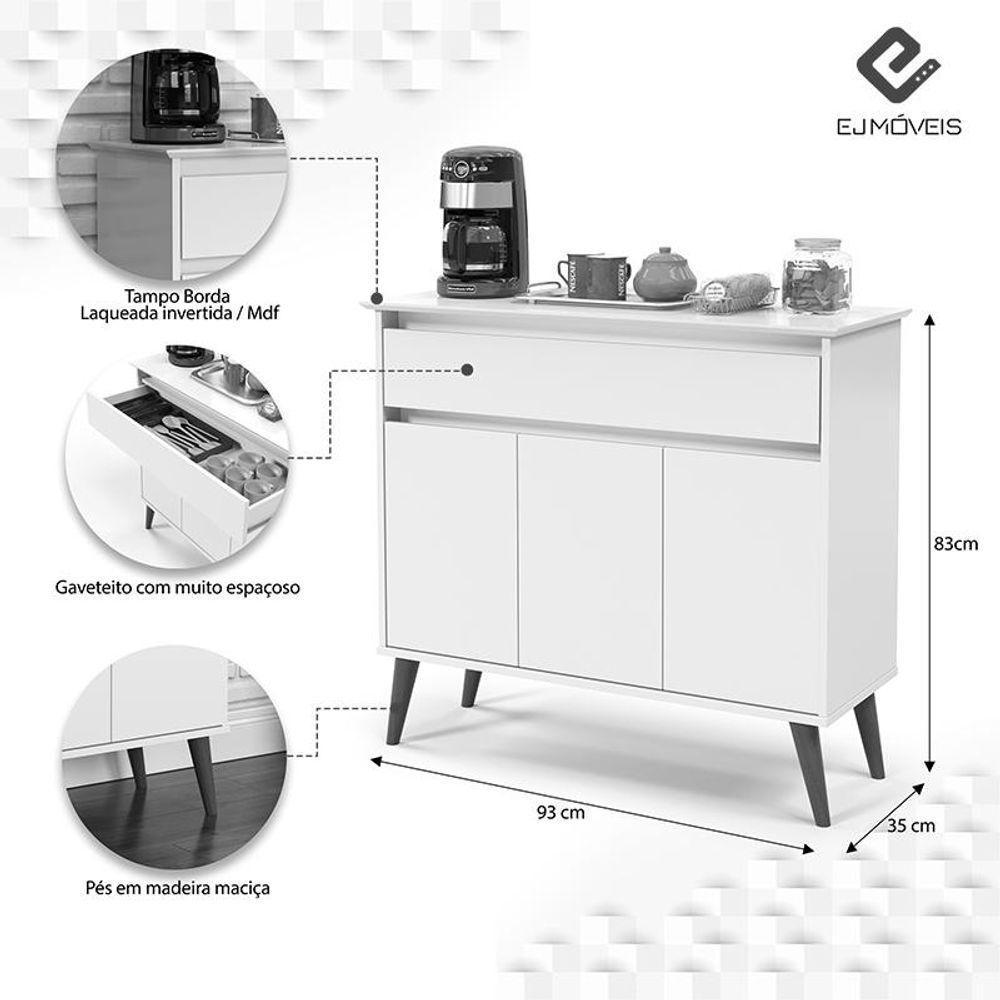 Aparador Buffet Zeus 1 Gaveta E 3 Portas Pés Madeira Maciça Branco Branco - 3