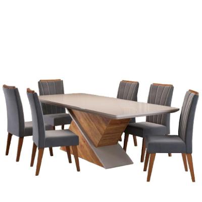 Conjunto De Mesa Sala De Jantar Tampo Com Vidro Engel 1,80m 6 Cadeiras Sofia Viero Off White / Cinza