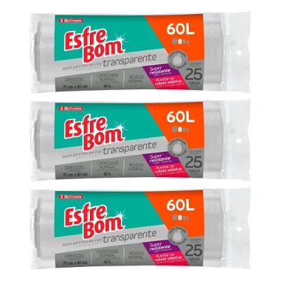 Kit 3 Sacos Para Lixo Transparente 60l Esfrebom