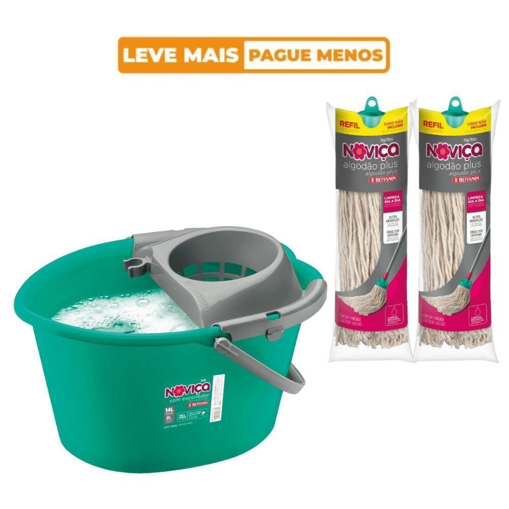 Kit Balde Plástico Com Escorredor 14l Noviça + 2 Refil Mop Esfregão Algodão Para Uso Interno - 2