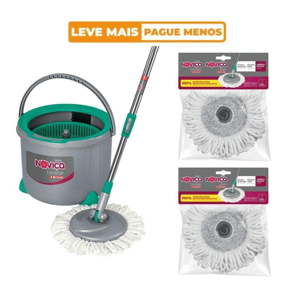 Kit Mop Twister De Microfibra Com Cabo E Balde 13l + 2 Refil Mop Twister Noviça Bettanin - 2