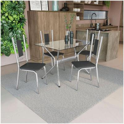 Conjunto Mesa Loire Tampo De Vidro Incolor Com 4 Cadeiras Cromada/preto