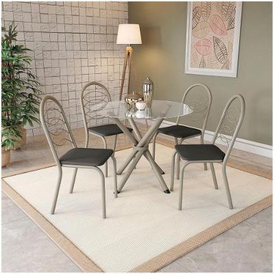 Conjunto Mesa Volga Tampo De Vidro Incolor Com 4 Cadeiras Níquel/preto