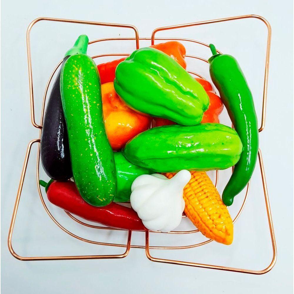 Kit Decoração Legumes Artificiais Isopor E Cesta Rose Inox - 6