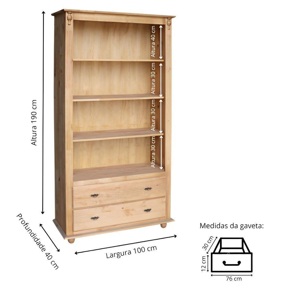 Estante Livreiro De Madeira 3 Prateleiras 2 Gavetas Pés Torneados - Cera (madeira Bruta) - 4