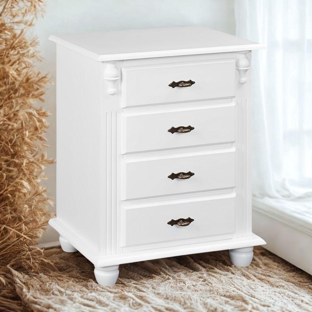 Mesa De Cabeceira Com 4 Gavetas E Pés Torneados - Branco Laca - 1