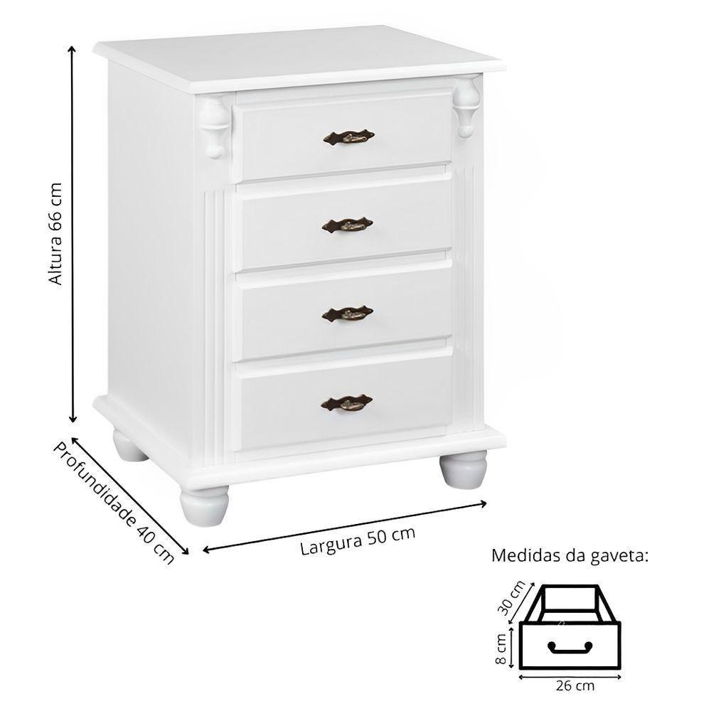 Mesa De Cabeceira Com 4 Gavetas E Pés Torneados - Branco Laca - 3