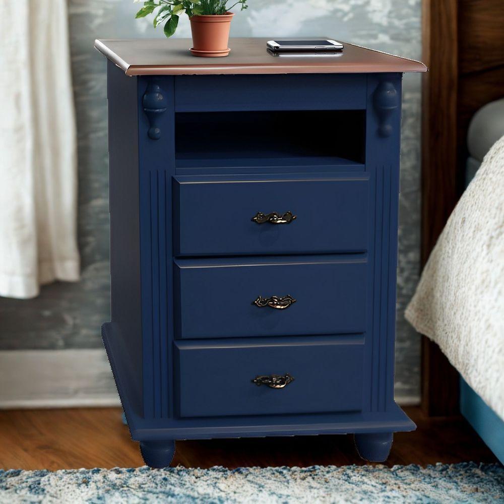 Mesa De Cabeceira Com Nicho E Pés Torneados - Azul Bic Com Tampo Castanho Envelhecido - 1