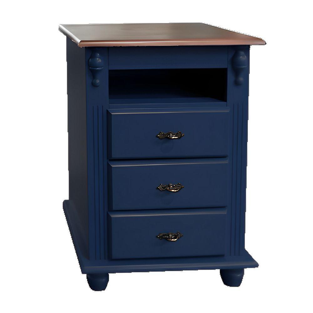 Mesa De Cabeceira Com Nicho E Pés Torneados - Azul Bic Com Tampo Castanho Envelhecido - 2