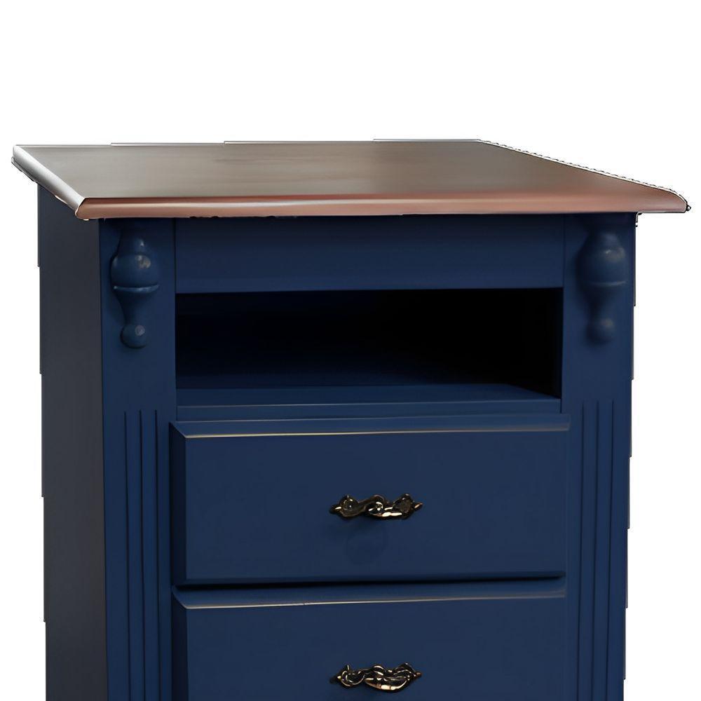 Mesa De Cabeceira Com Nicho E Pés Torneados - Azul Bic Com Tampo Castanho Envelhecido - 3