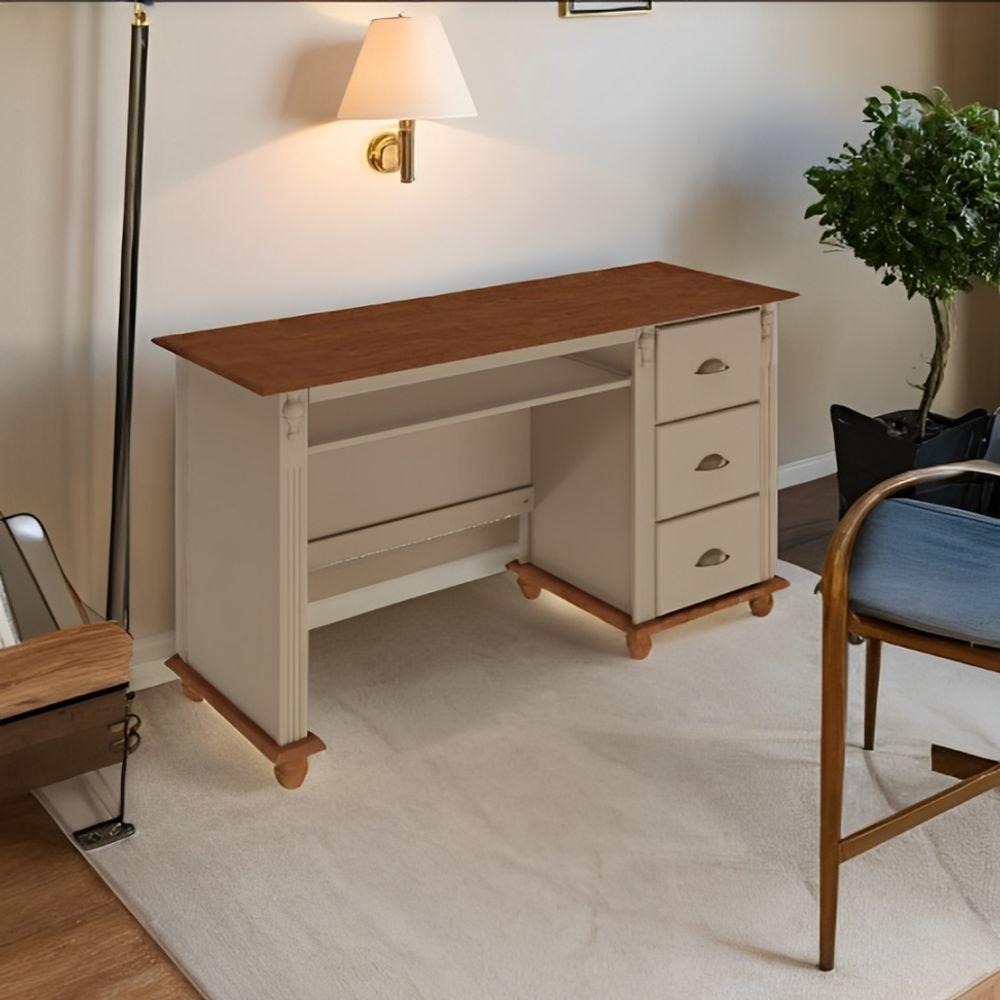 Escrivaninha Com Porta Teclado E Pés Torneados - Amêndoa Laca Com Tampo E Base Imbuia Glazer - Puxador Concha - 1