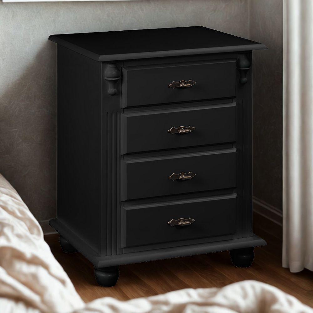 Mesa De Cabeceira Com 4 Gavetas E Pés Torneados - Preto Laca - 1