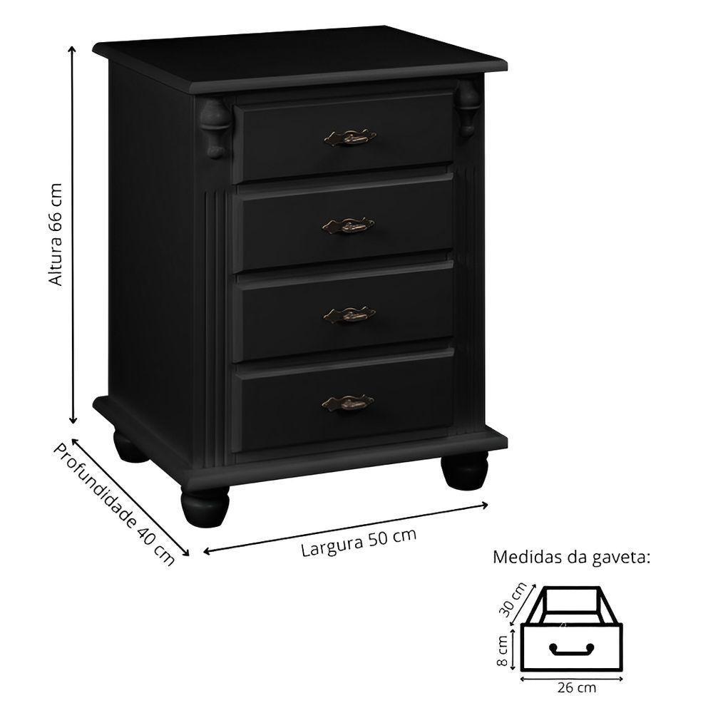Mesa De Cabeceira Com 4 Gavetas E Pés Torneados - Preto Laca - 4