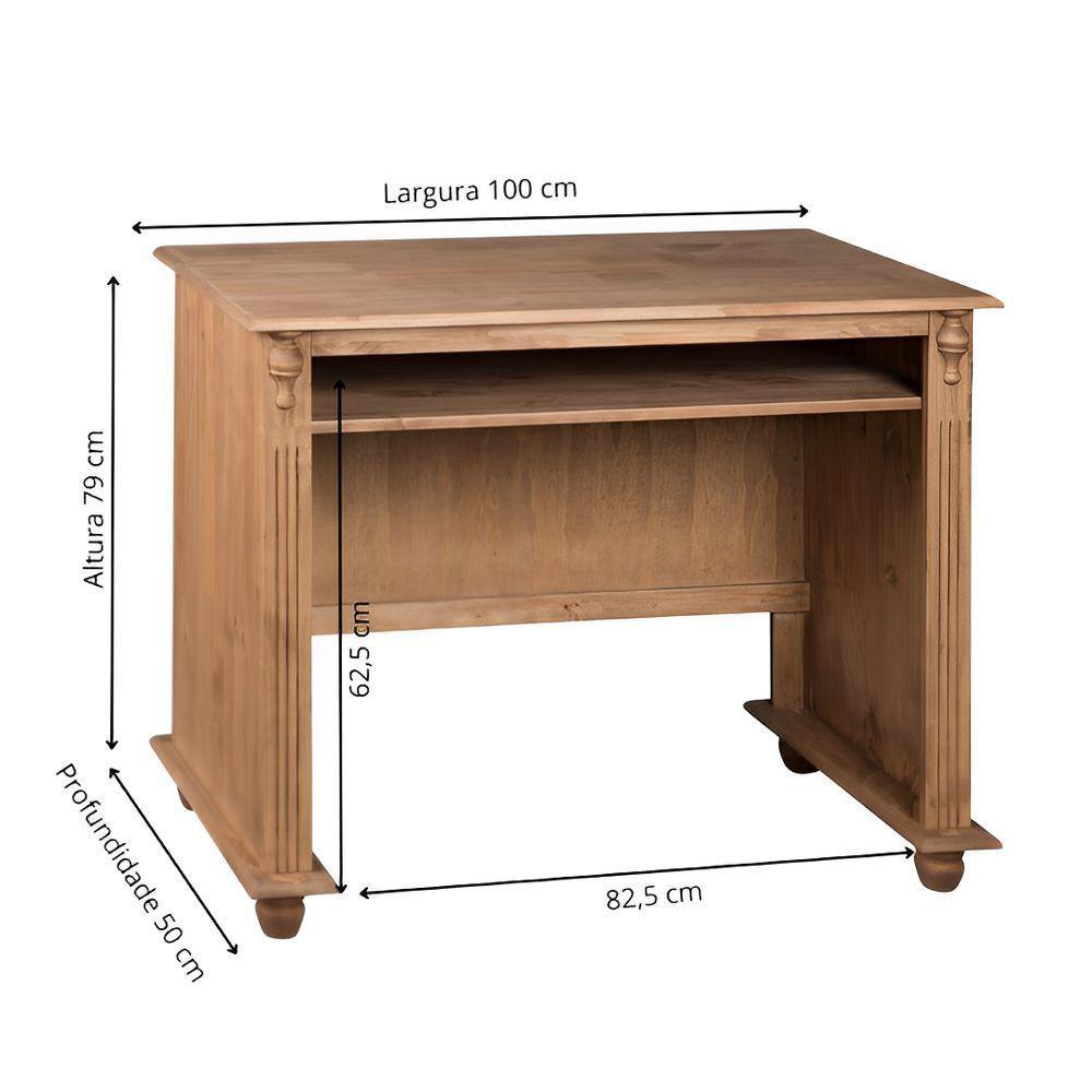 Escrivaninha De Madeira Com Porta Teclado E Pés Torneados - Cera (madeira Bruta) - 5