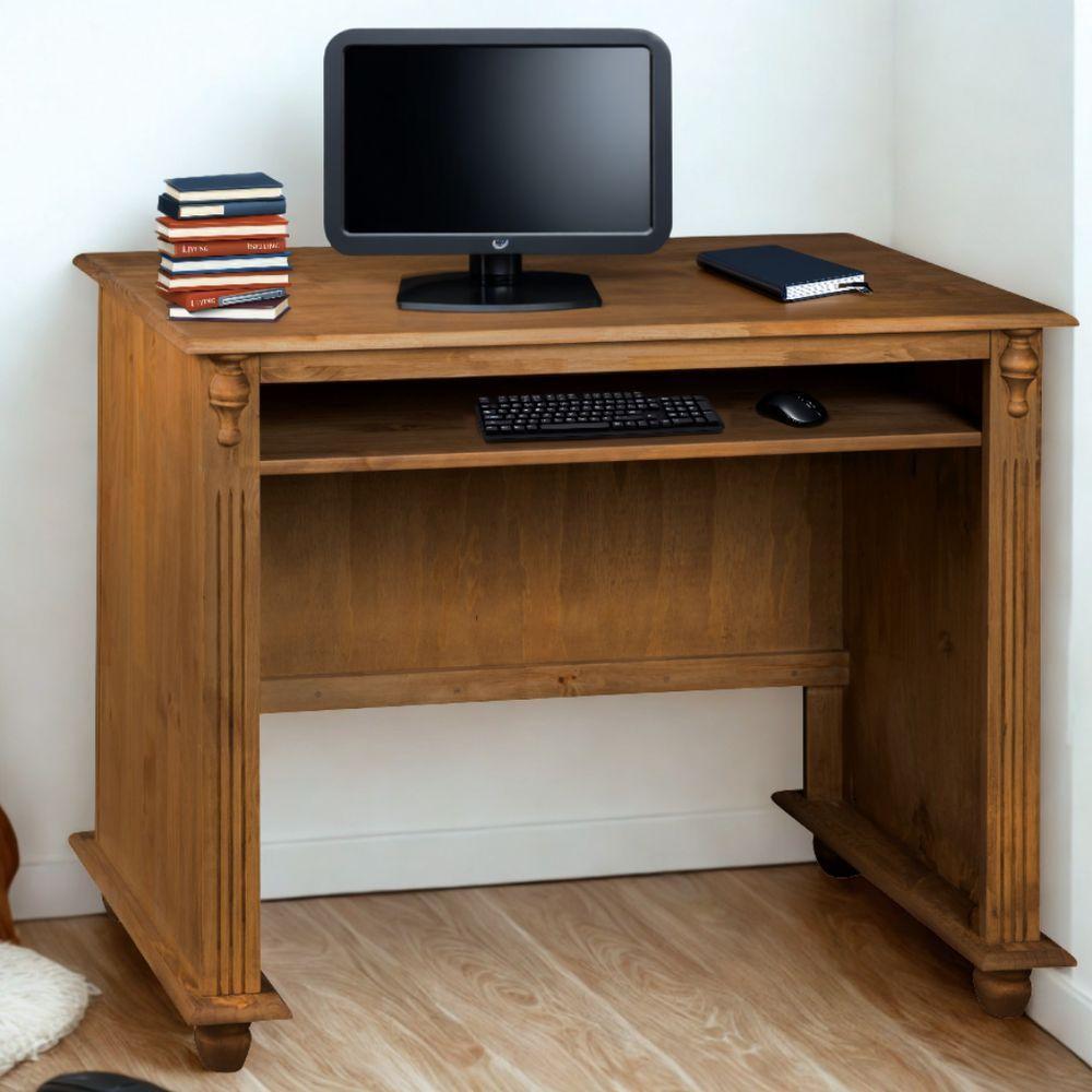 Escrivaninha De Madeira Com Porta Teclado E Pés Torneados - Imbuia Glazer - 1