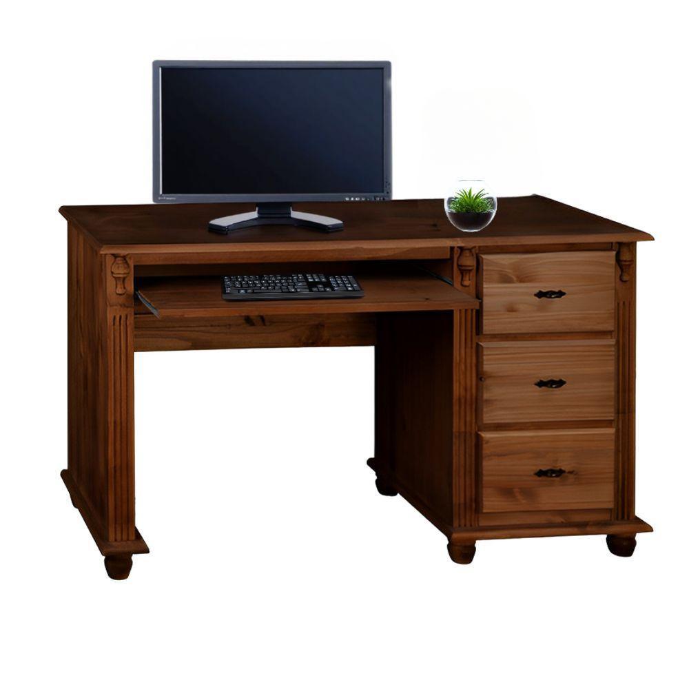 Escrivaninha Com Porta Teclado E Pés Torneados - Castanho Envelhecido - 2
