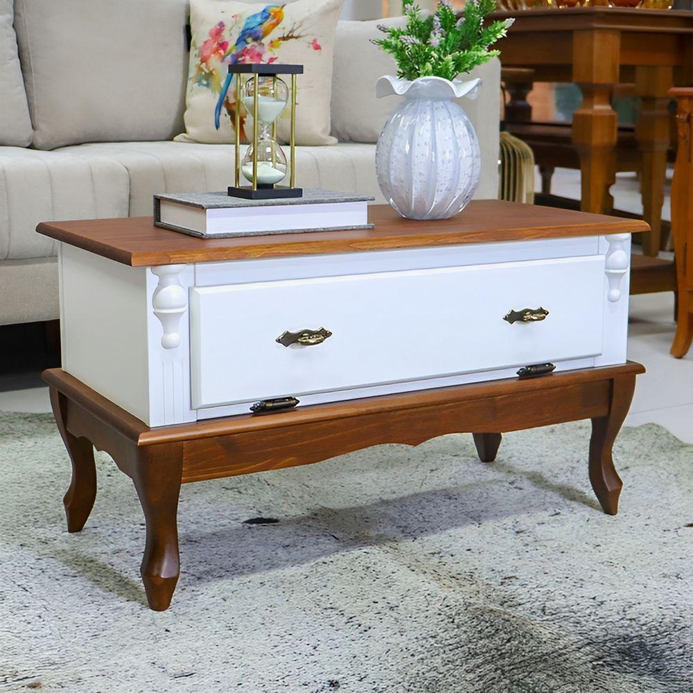 Mesa De Centro Retangular 2 Portas Pés Luiz Xv - Branco Laca Com Tampo E Base Imbuia Glazer - 2