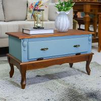 Mesa De Centro Retangular 2 Portas Pés Luiz Xv - Azul Céu Laca Com Tampo E Base Imbuia Glazer - 1