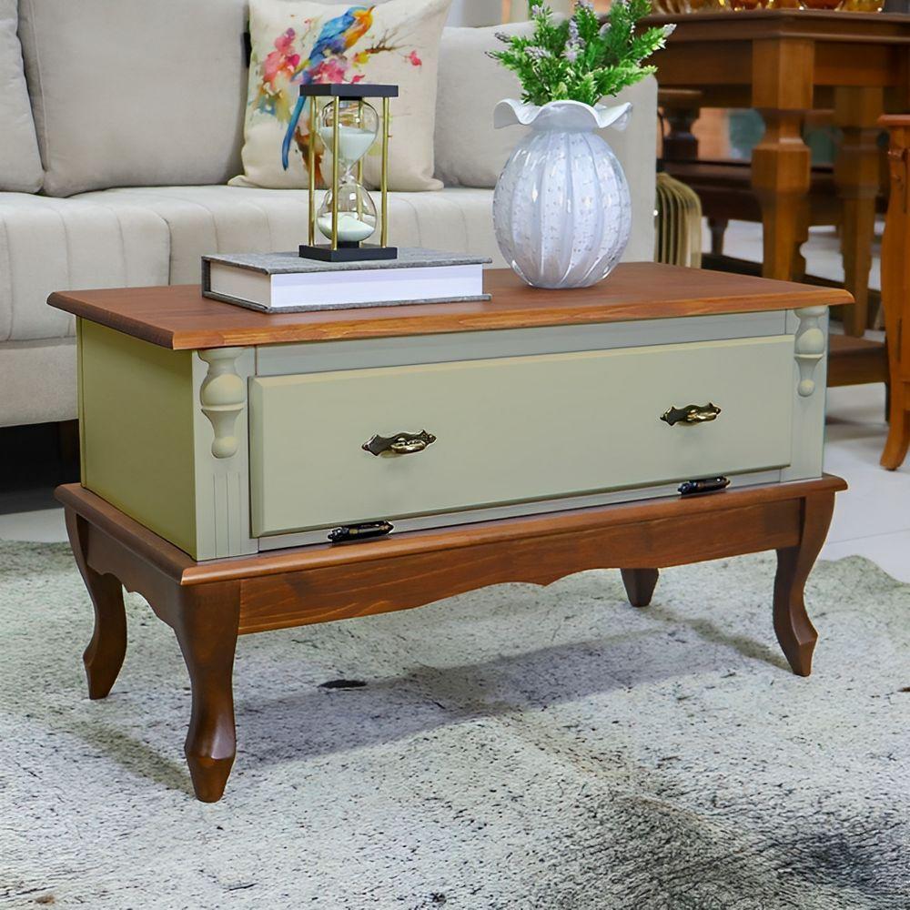 Mesa De Centro Retangular 2 Portas Pés Luiz Xv - Verde Chá Com Tampo E Base Imbuia Glazer - 2