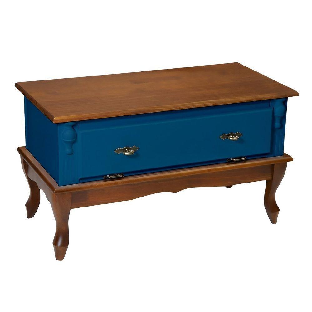 Mesa De Centro Retangular 2 Portas Pés Luiz Xv - Azul Bic Laca Com Tampo E Base Imbuia Glazer - 1