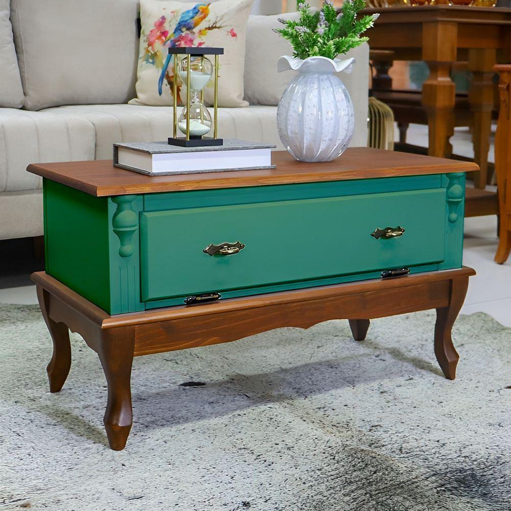 Mesa De Centro Retangular 2 Portas Pés Luiz Xv - Verde Kalle Laca Com Tampo E Base Imbuia Glazer - 2