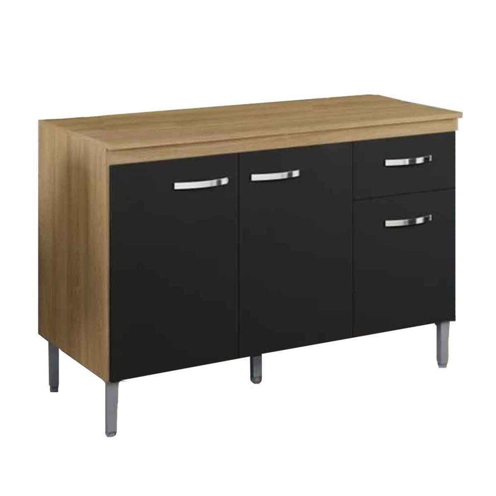 Balcão de Pia Para Cozinha 120 Cm Graziela 3 Portas 1 Gaveta Amêndoa Preto - 1