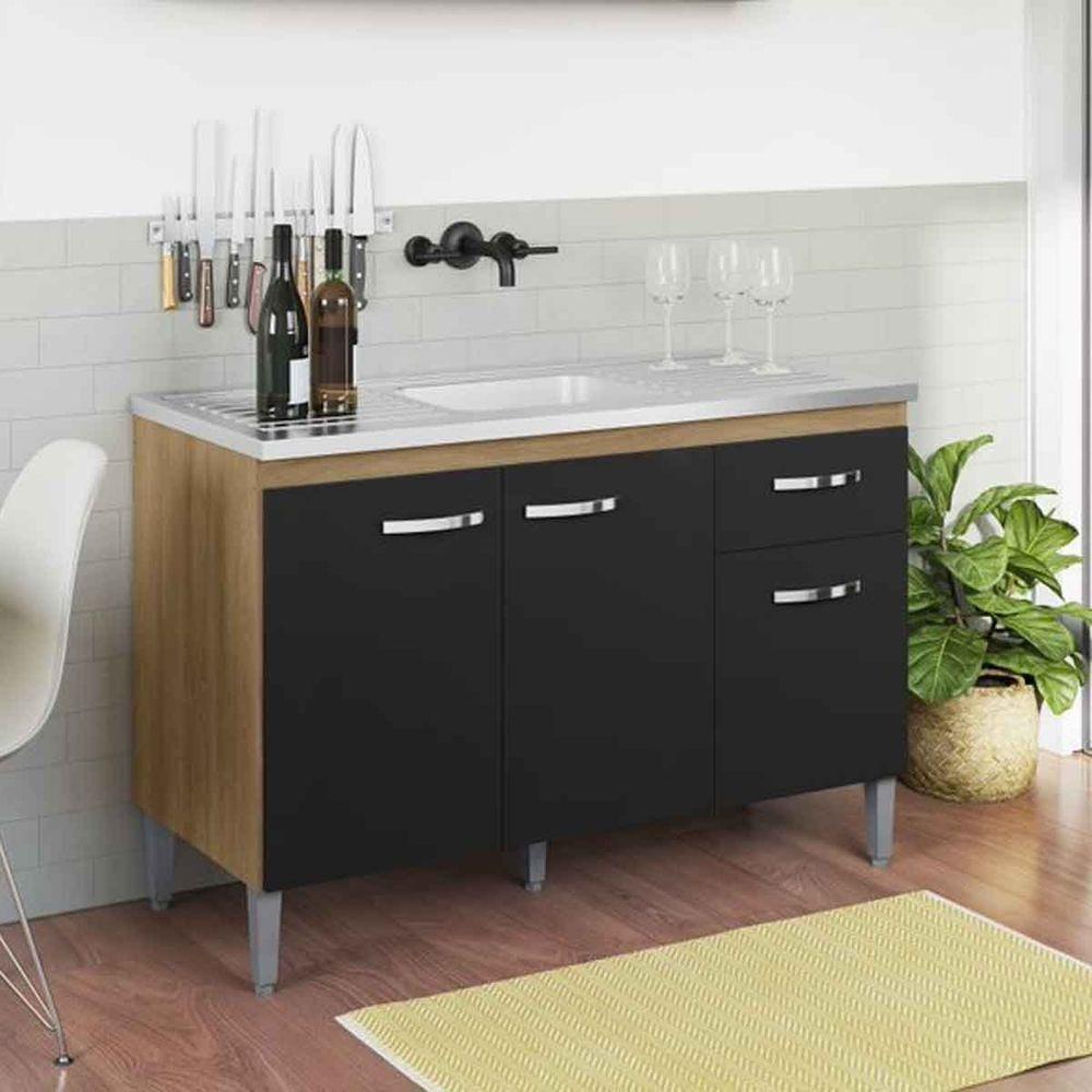 Balcão de Pia Para Cozinha 120 Cm Graziela 3 Portas 1 Gaveta Amêndoa Preto - 8