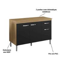Balcão de Pia Para Cozinha 120 Cm Graziela 3 Portas 1 Gaveta Amêndoa Preto - 10