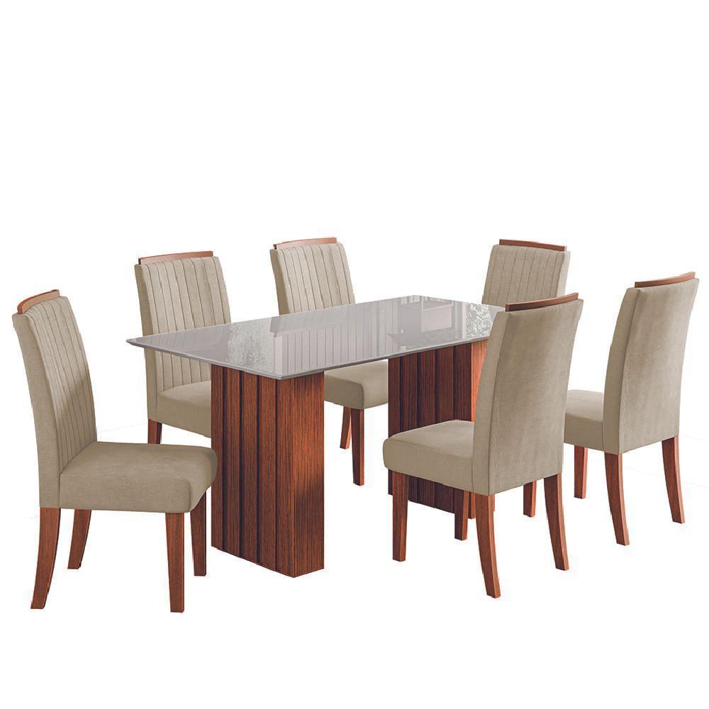 Conjunto De Mesa Sala De Jantar Ripada Tampo Com Vidro Santiago 1,60m 6 Cadeiras Grécia Dobuê Madeirado / Bege - 1
