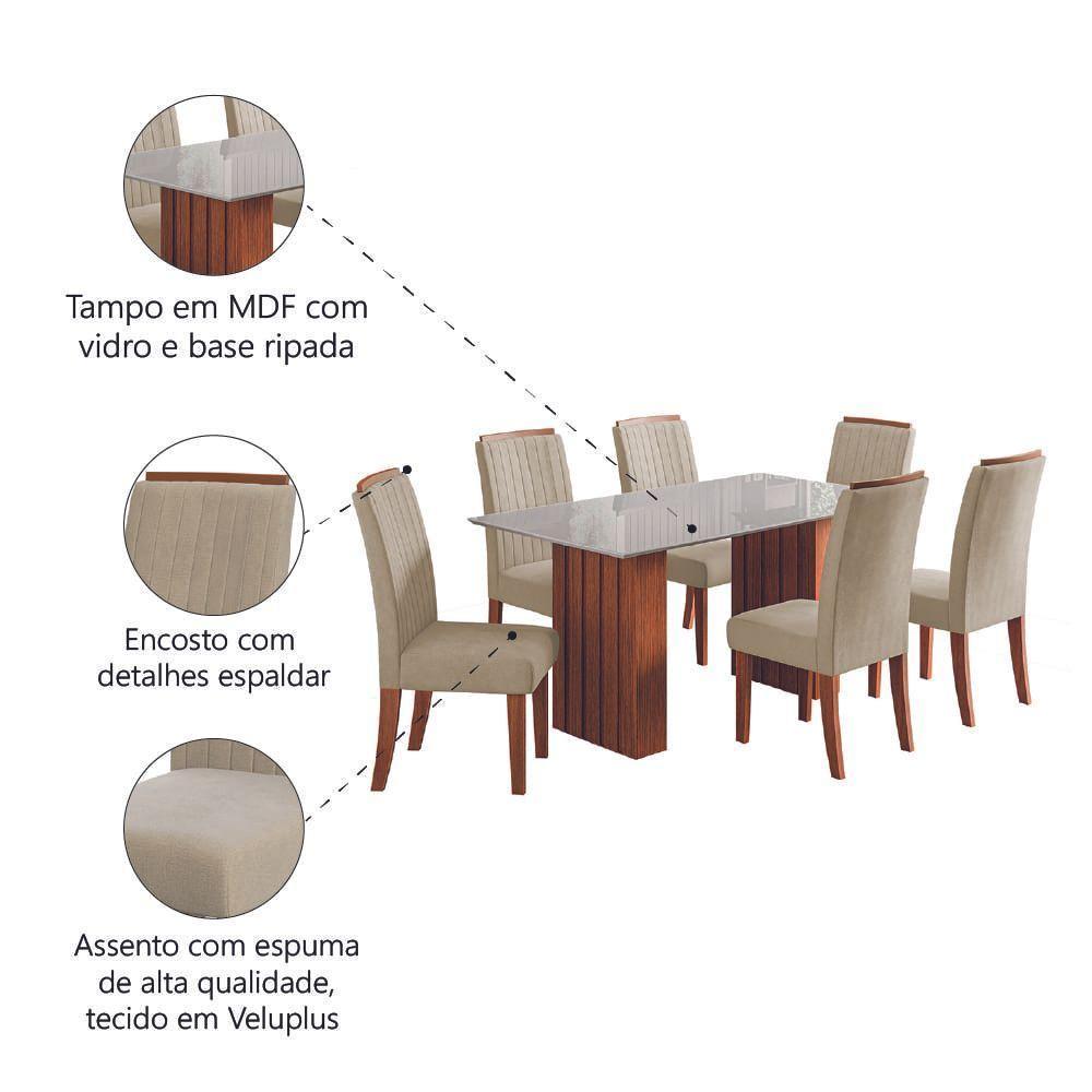 Conjunto De Mesa Sala De Jantar Ripada Tampo Com Vidro Santiago 1,60m 6 Cadeiras Grécia Dobuê Madeirado / Bege - 5