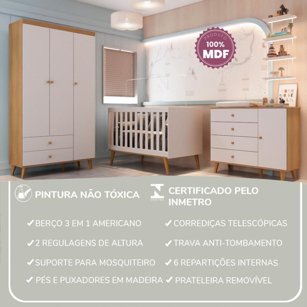 Quarto De Bebê Retrô Lígia Berço 3 Em 1 Guarda Roupa 3 Portas Cômoda Com Porta Off White Carolina Baby - 10