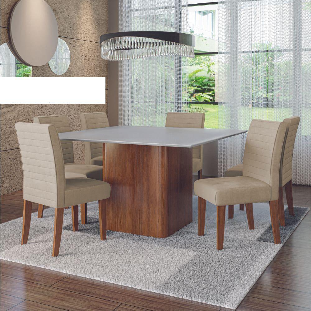 Conjunto Sala De Jantar Mesa Quadrada Montevideo 1,36m 6 Cadeiras Creta Dobuê Madeirado Bege - 1