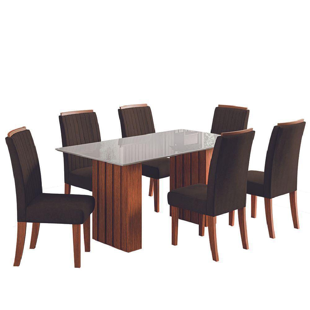 Conjunto De Mesa Sala De Jantar Ripada Tampo Com Vidro Santiago 1,60m 6 Cadeiras Grécia Dobuê Madeirado Chocolate - 2