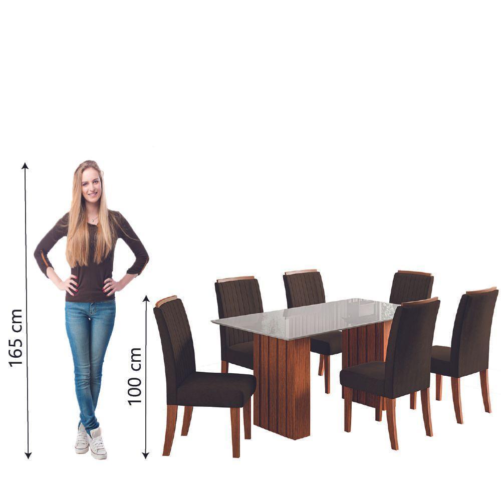 Conjunto De Mesa Sala De Jantar Ripada Tampo Com Vidro Santiago 1,60m 6 Cadeiras Grécia Dobuê Madeirado Chocolate - 6