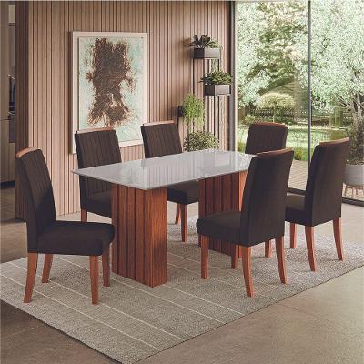 Conjunto De Mesa Sala De Jantar Ripada Tampo Com Vidro Santiago 1,60m 6 Cadeiras Grécia Dobuê Madeirado Chocolate