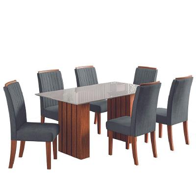 Conjunto de Jantar Santiago 6 Lugares Tampo em MDF com Vidro Temperado Amadeirado 160cm