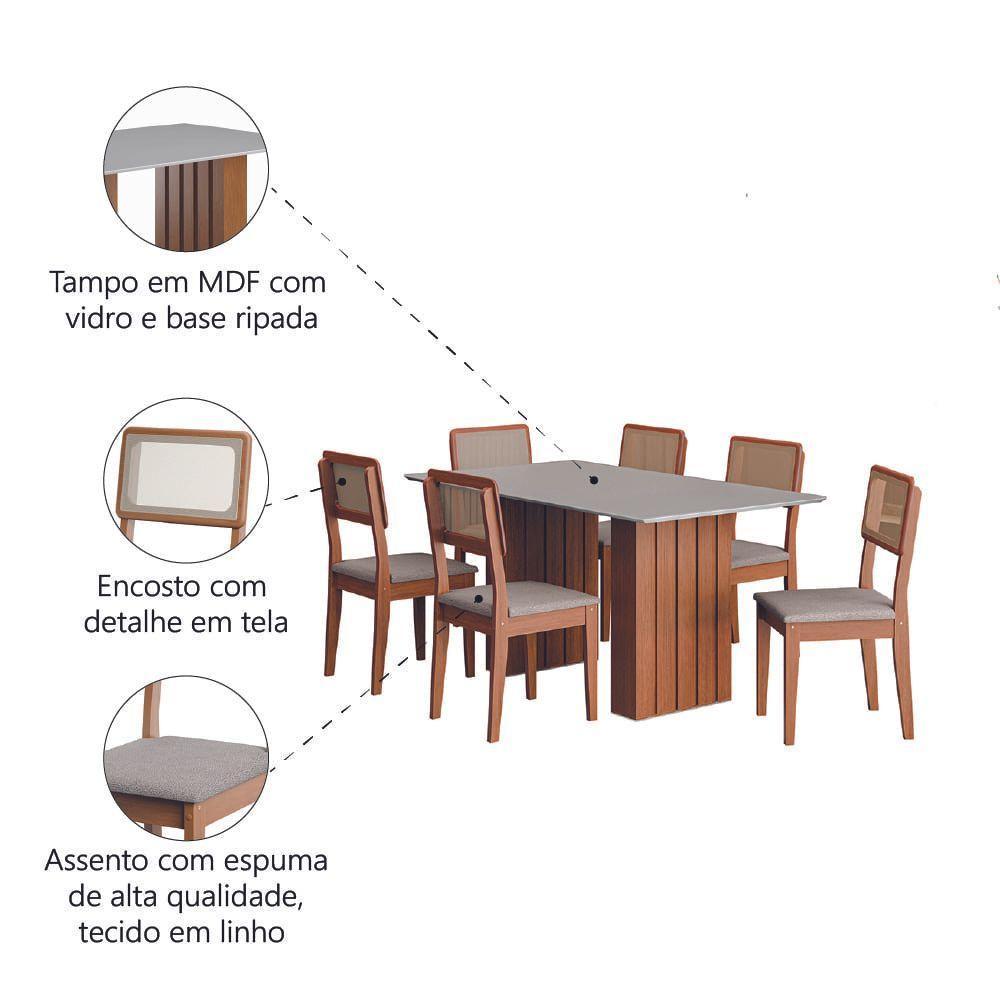 Conjunto De Mesa Sala De Jantar Ripada Tampo Com Vidro 1,60m 6 Cadeiras Santiago Dobuê Madeirado/off White - 5