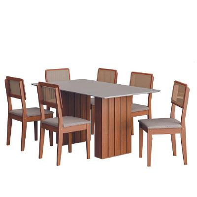 Conjunto de Mesa Sala de Jantar Santiago 6 Lugares Tampo em MDF com Vidro Amadeirado Off White 1