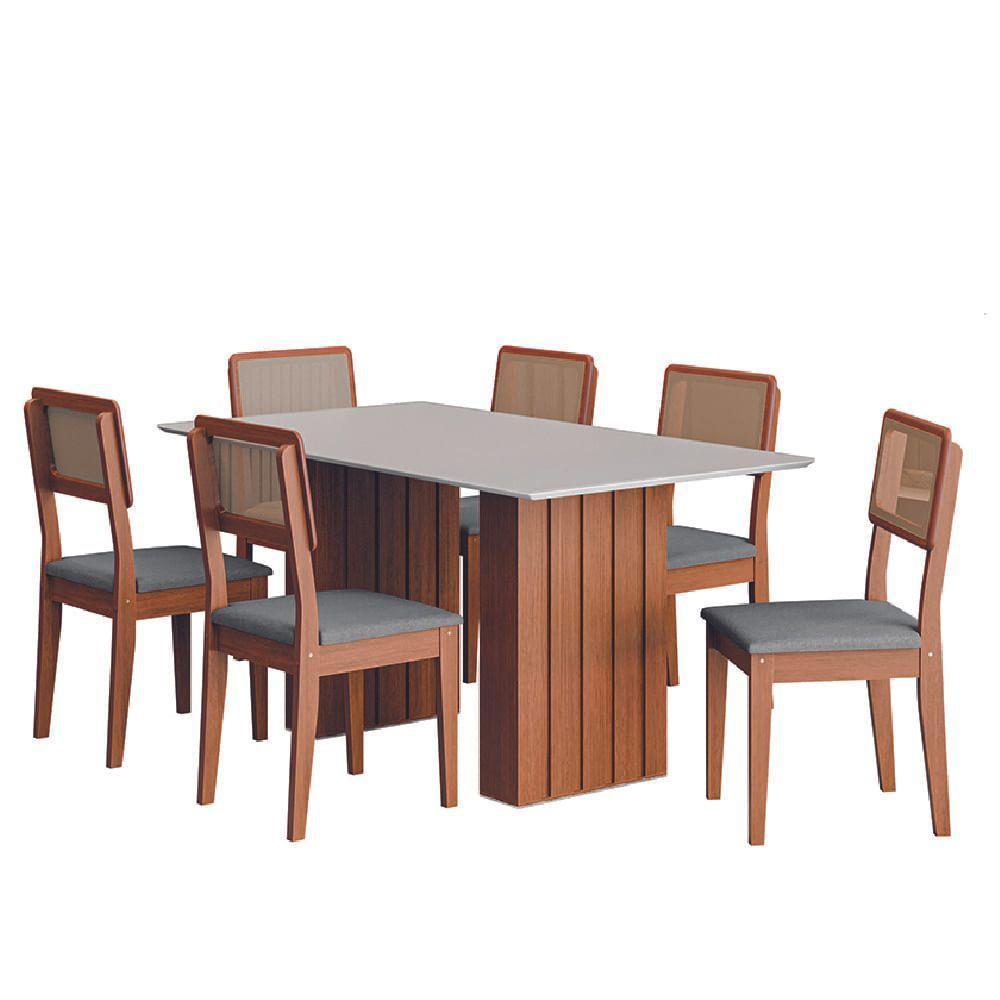 Conjunto De Mesa Sala De Jantar Ripada Tampo Com Vidro 1,60m 6 Cadeiras Santiago Dobuê Madeirado / Cinza - 1