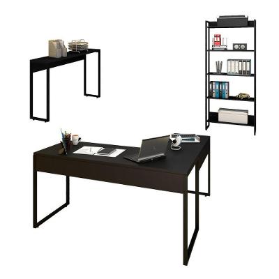 Kit Escritório 3 Peças Mesa em L Estante e Aparador Preto