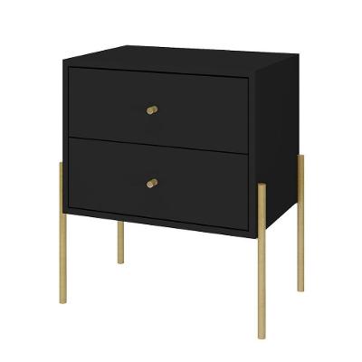Mesa De Cabeceira Minimalista Com Pés Finos De Ferro - Preto Laca Com Puxadores E Pés Dourado