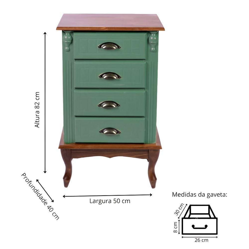Mesa De Cabeceira 4 Gavetas Pés Luiz Xv - Verde Kalle Com Tampo E Base Castanho Envelhecido - Puxador Concha - 4