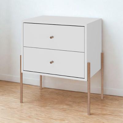 Mesa De Cabeceira Minimalista Com Pés Finos De Ferro - Branco Laca Com Puxadores E Pés Rosé